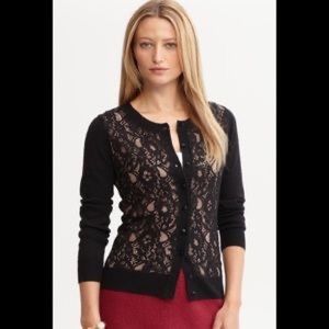 Banana Republic Wool Blend and Lace Overlay Cardigan, Black/Nude, Size S
